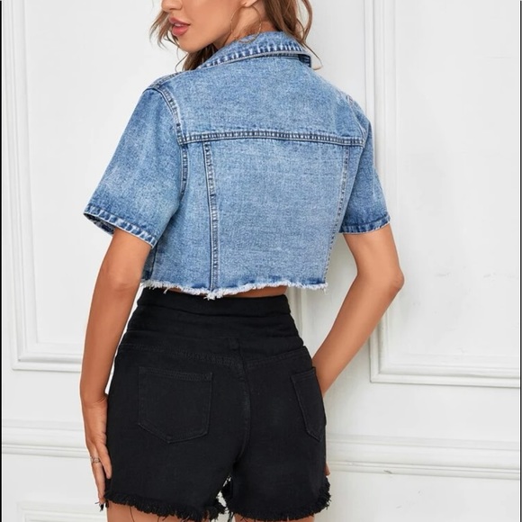 Boho Blue Medium Wash Distressed Ripped Denim Jeans Jacket Shacket - Picture 2 of 14